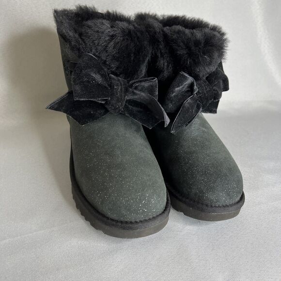 Women's Ugg Boots Sz 7 Black Gita Twinkle Bow Mini Bootie Satin Bow Glitter-like - Picture 10 of 16